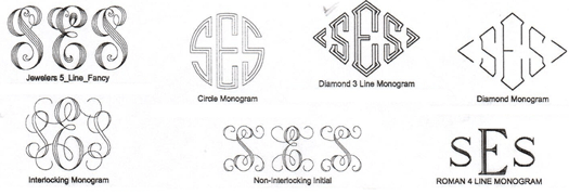 Jewelers 5 Line, Circle Monogram, Diamond Monogram consisting of either 3 lines or single line, Interlocking Monogram, Non-Interlocking Intials, Roman 