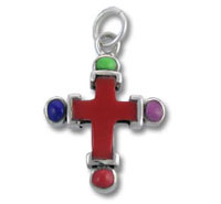 Sterling Silver Cross Charm with Multi-Color Stones