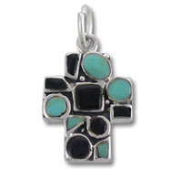 Sterling Silver Cross with Black Onyx and Turquoise Stones