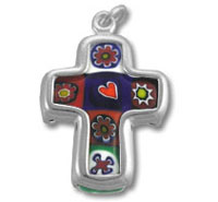 Sterling Silver Murano Cross with Red Heart