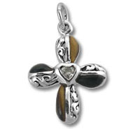 Sterling Silver Cross with Tiger Eye, Onyx, Clar Heart Charm
