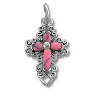 Sterling Silver Pink Cross Charm with Filigree Edge