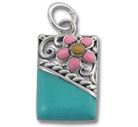 Rectangular Enamel Charm with Pink Flower