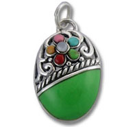 Oval Green Enamel Charm with Multi Color Flower
